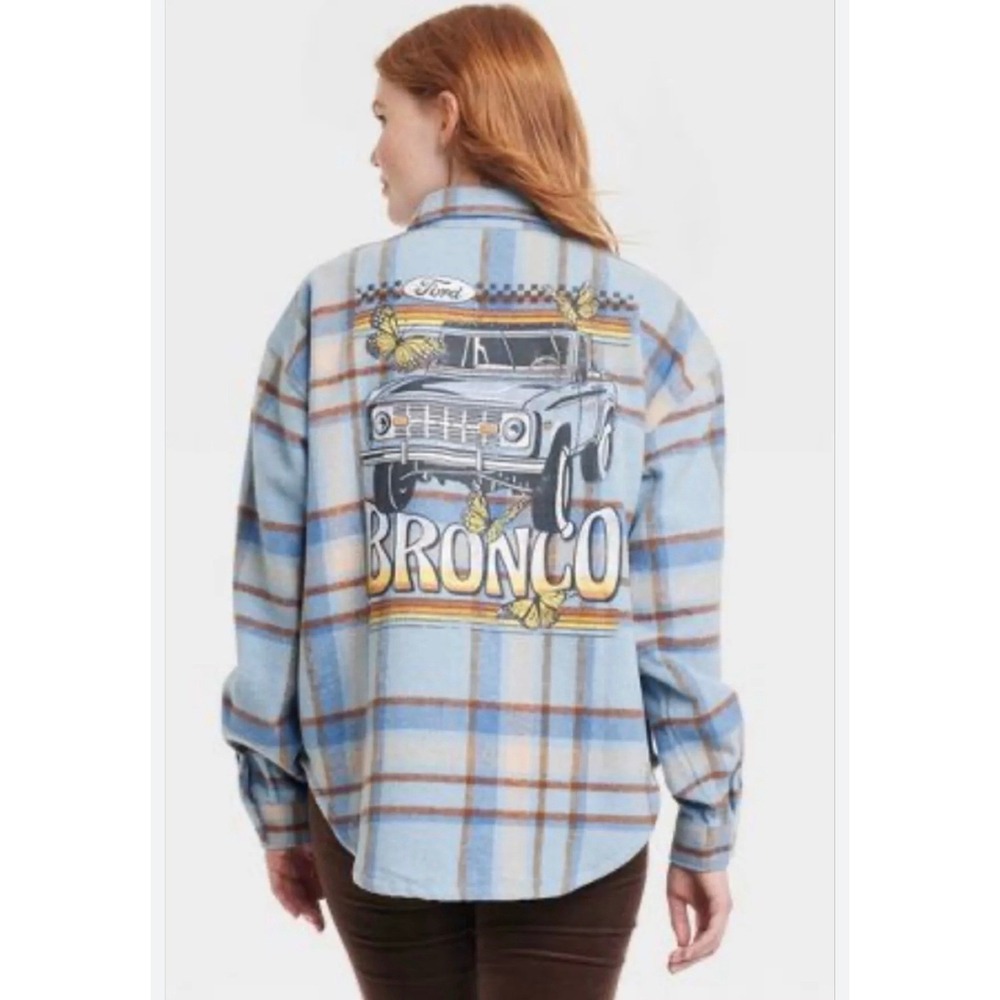 Ford Bronco Plaid Country Flannel Shirt Blue Tan Oversized Button Down XL Womens